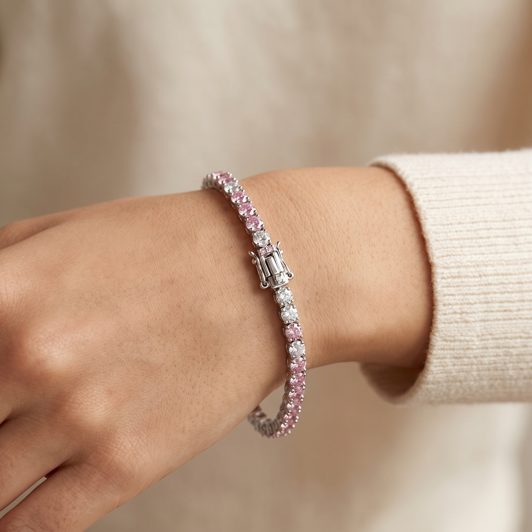 Miami Classic, Onyx & Pink Stack Set in Silver — bracelet worn