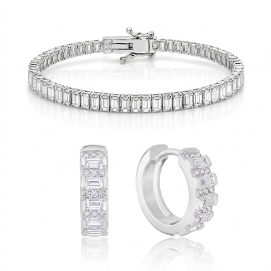 Boston Baguette Bracelet & Huggies Set in Silver — the full set