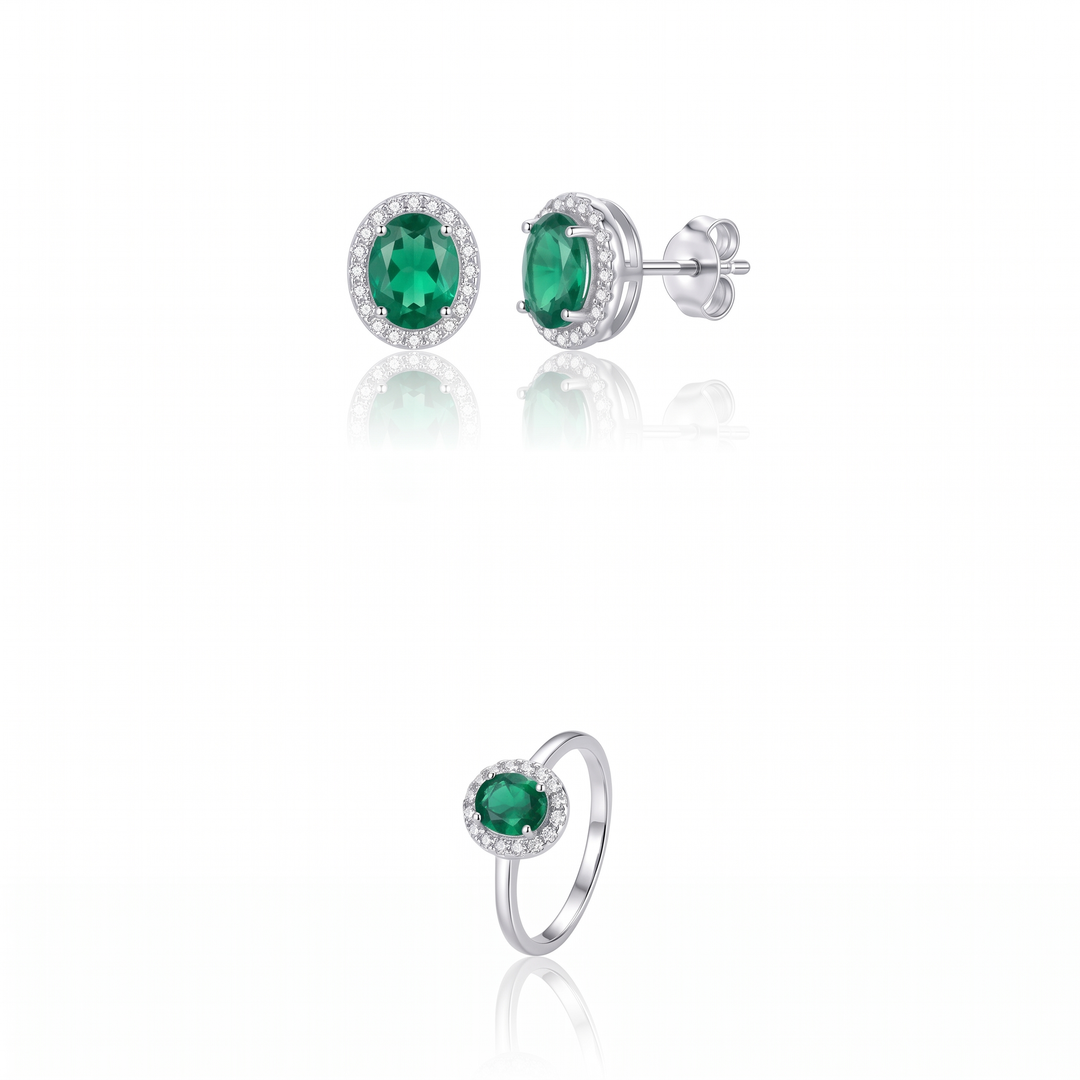 Verona Emerald Halo Studs & Ring Set in Silver — the full set