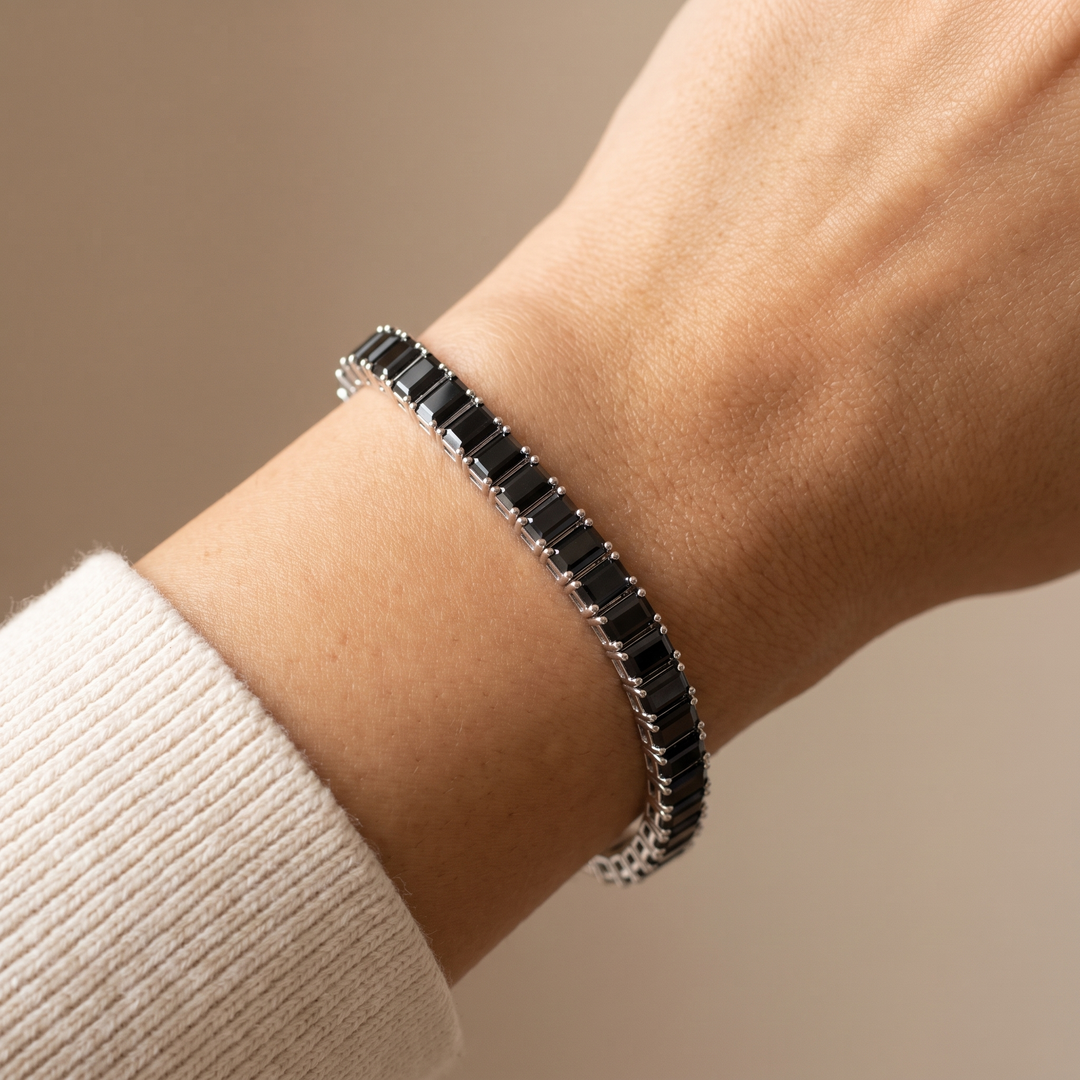 Boston Classic & Onyx Baguette Stack Set in Silver — bracelet worn