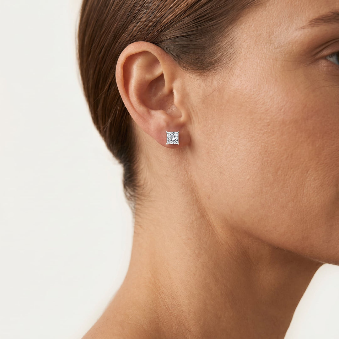 Zermatt Moissanite Princess-Cut Stud worn on ear